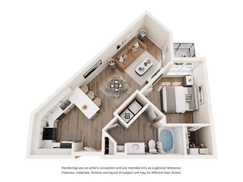 A 3D in-home layout with a kitchen, living room, and bathroom.